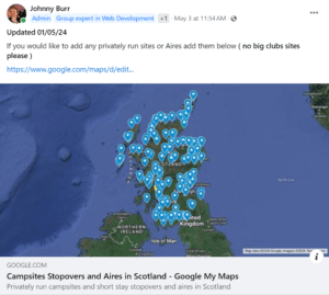 Motorhome Touring Scotland sites Google Maps