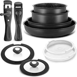 Stacking saucepan set, motorhome kitchenware, camping pots and pans, space saving cookware, vanlife organization.